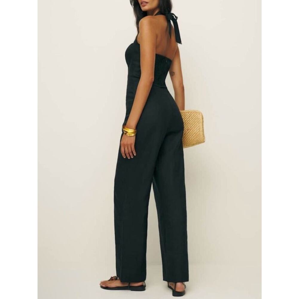 Reformation Malika Linen Jumpsuit in Black 4 FLAW - Picture 6 of 7